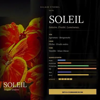 N°4 Soleil, extrait de parfum fruité ambré — visuel complet avec notes et saisons