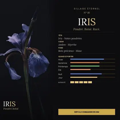 N°16 Iris, extrait de parfum poudré boisé — visuel complet avec notes et saisons